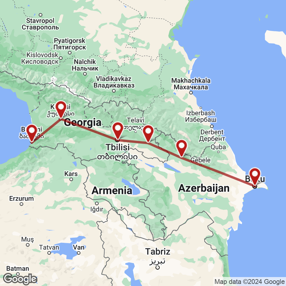 Route for Baku, Sheki, Sighnaghi, Tbilisi, Kutaisi, Batumi tour